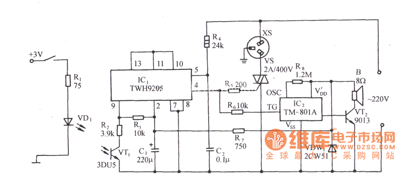 用TWH9205的光电耦合型过零控制插座电路图