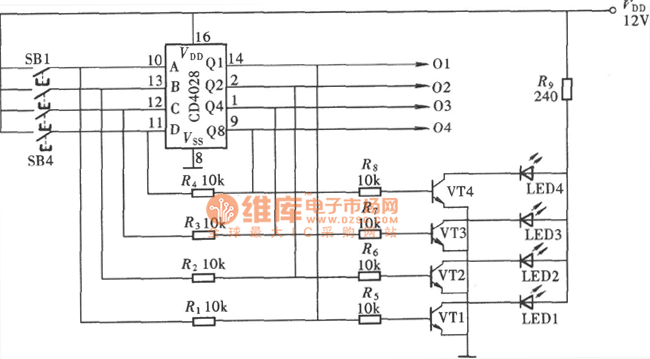 四路互锁开关控制器(CD4028)电路图